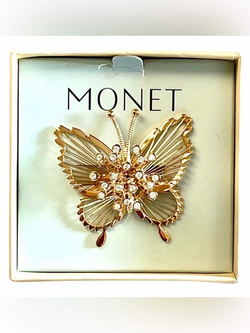 MONET SWAROVSKI CRYSTALS BUTTERFLY BROOCH Deadstock 1980’s NIB Original Box